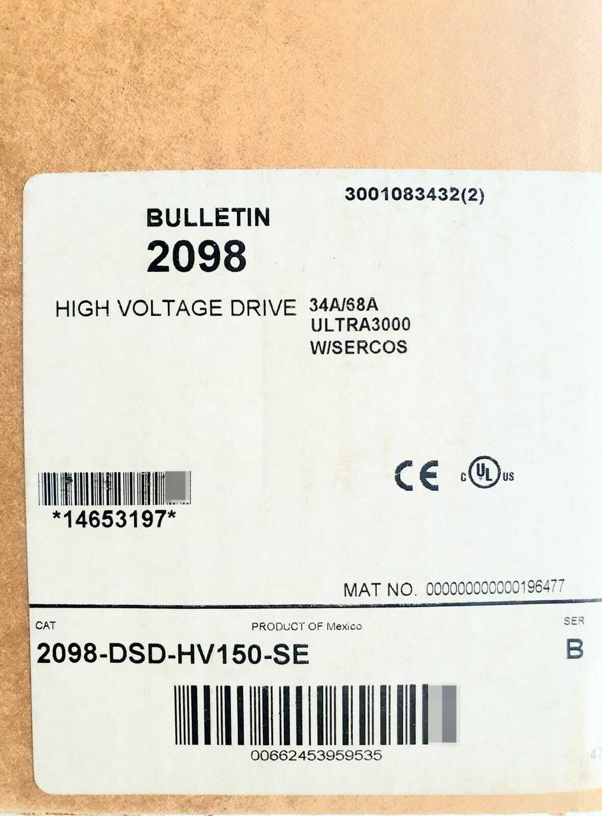 New Allen Bradley 2098-DSD-HV150-SE BULLETIN 2098 SERCOS DRIVE 34A/68A ULTRA 3000 W/INDEXING In Stock